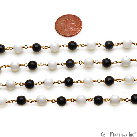 Black Spinel & White Agate Cabochon Beads 6mm Gold Wire Wrapped Rosary Chain - GemMartUSA