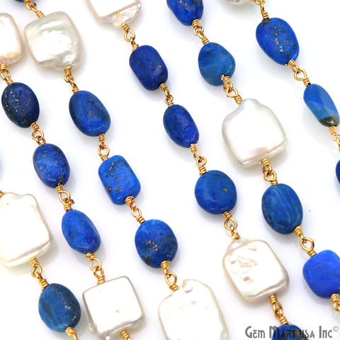 Lapis Tumble Beads 8x5mm & Pearl 12mm Beads Gold Plated Rosary Chain