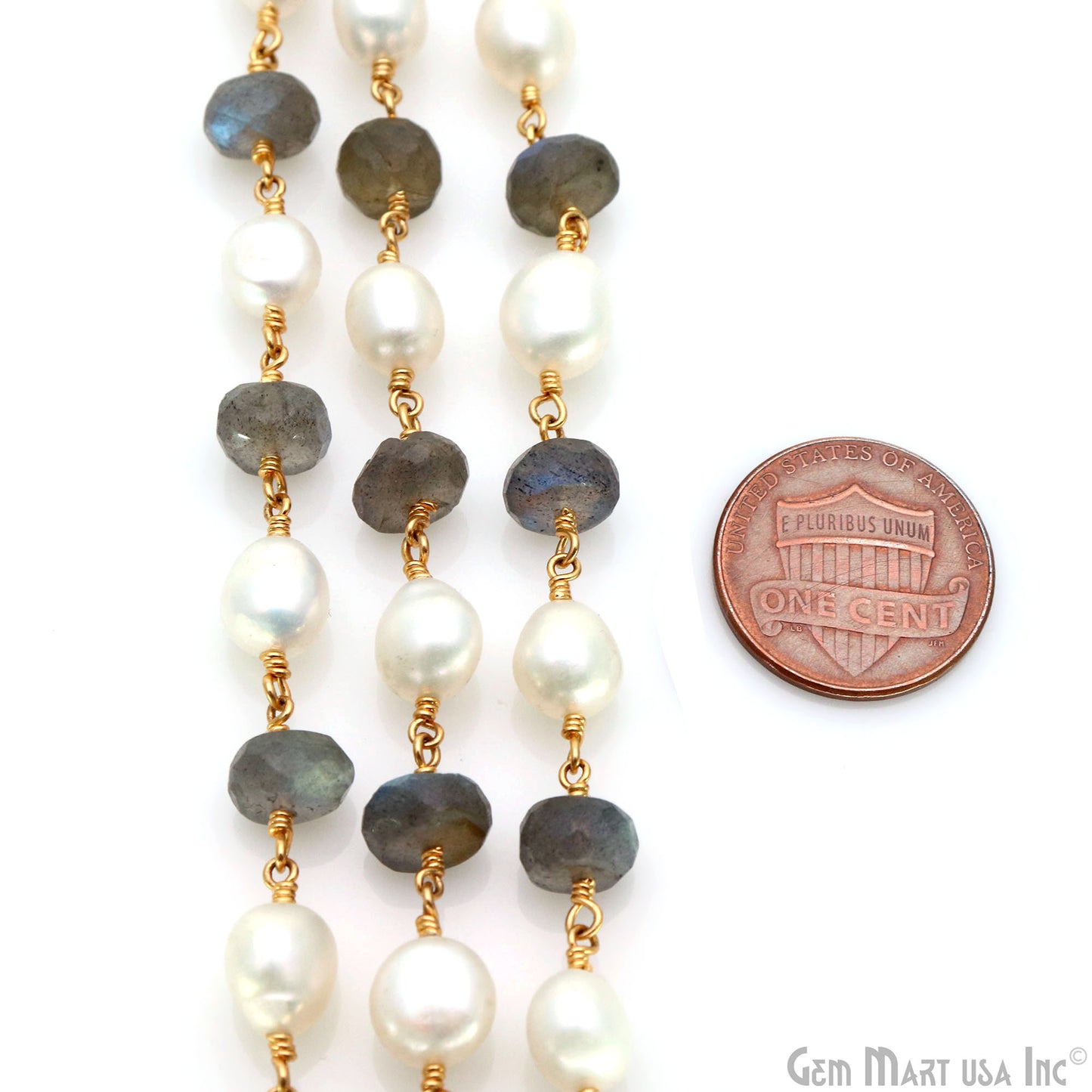 Labradorite & Pearl Beads 8-9mm Gold Plated Rosary Chain