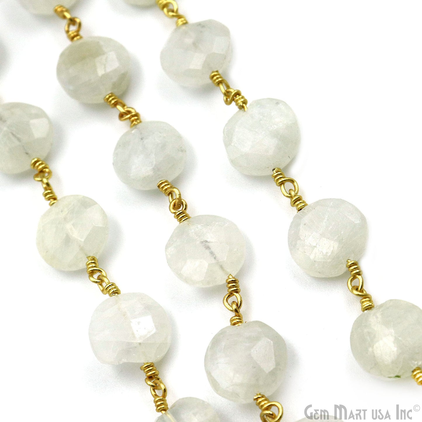 Rainbow Moonstone Coin Shape 10-12mm Gold Wire Wrapped Rosary Chain