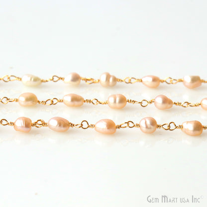 Pink Pearl Oval 5x4mm Gold Plated Beaded Wire Wrapped Rosary Chain