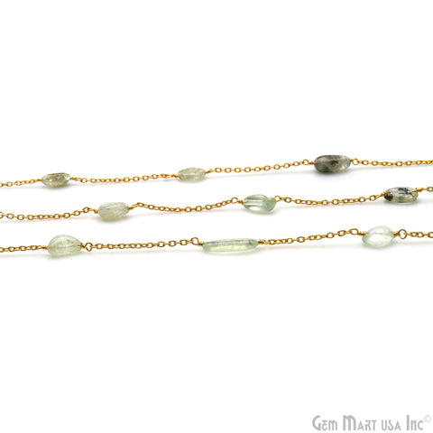 Green Rutile Tumble Beads 10x6mm Gold Wire Wrapped Rosary Chain
