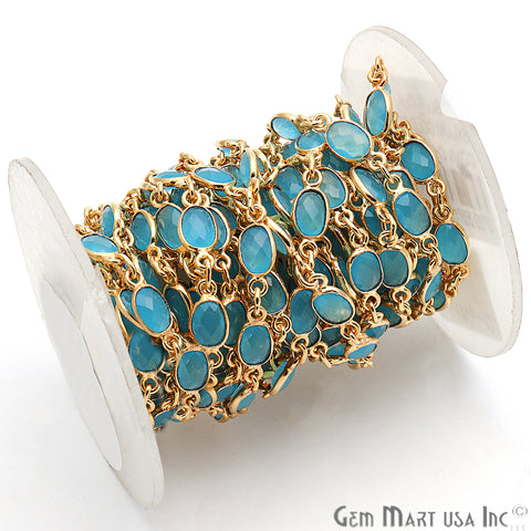 Sky Blue Chalcedony 6x4mm Bezel Gold Plated Continuous Connector Chain - GemMartUSA