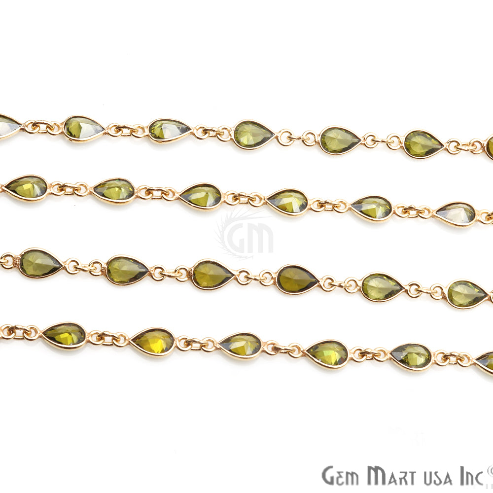 Olive Green 6x4mm Pear Shape Gold Plated Continuous Connector Chain - GemMartUSA