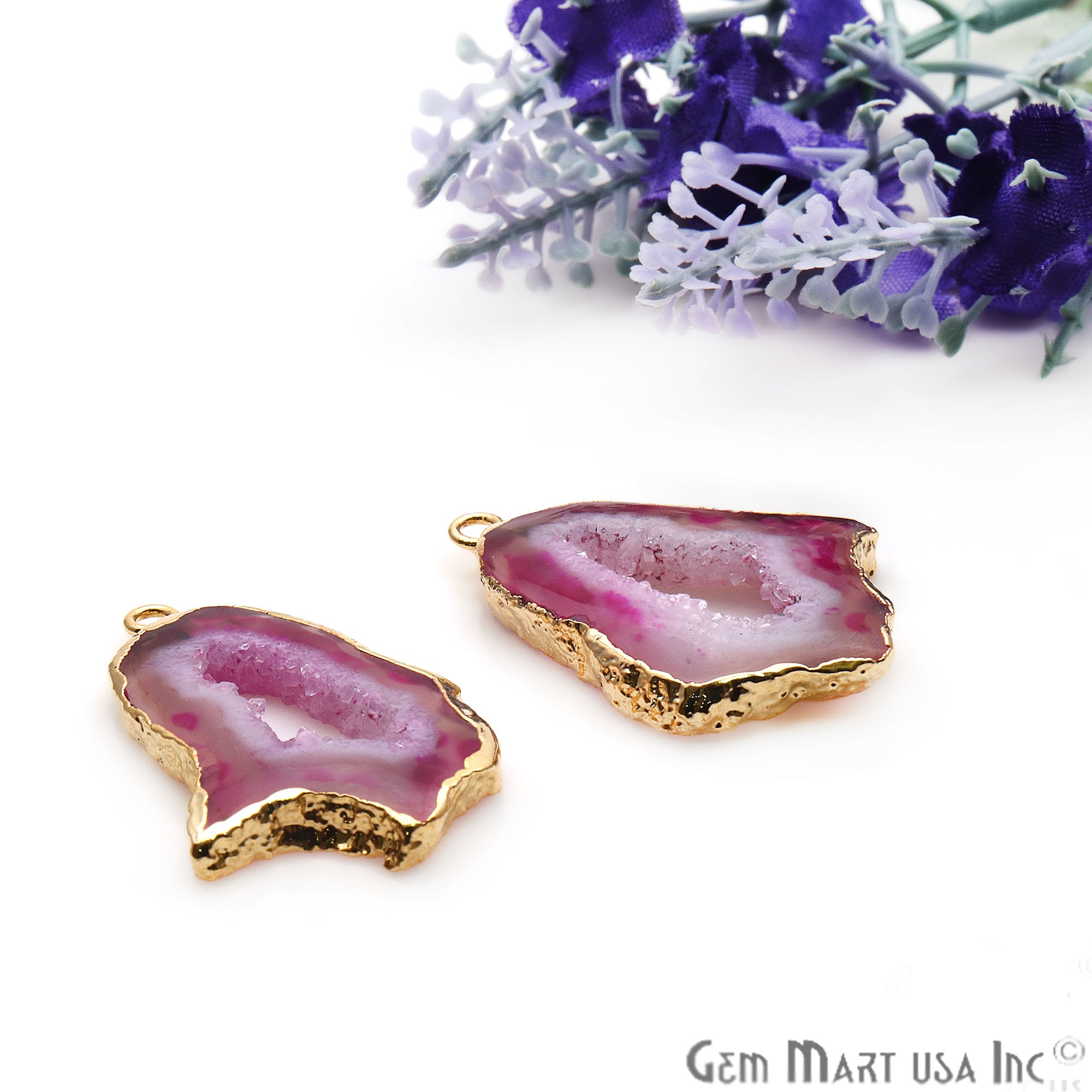 Agate Slice 32x20mm Organic Gold Electroplated Gemstone Earring Connector 1 Pair - GemMartUSA