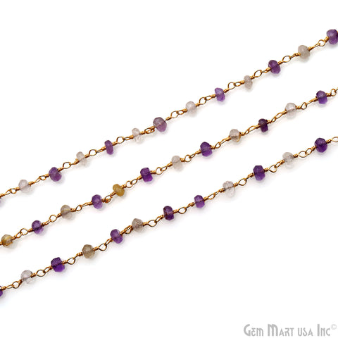 Amethyst & Golden Rutile Beads 3-3.5mm Gold Plated Wire Wrapped Rosary Chain