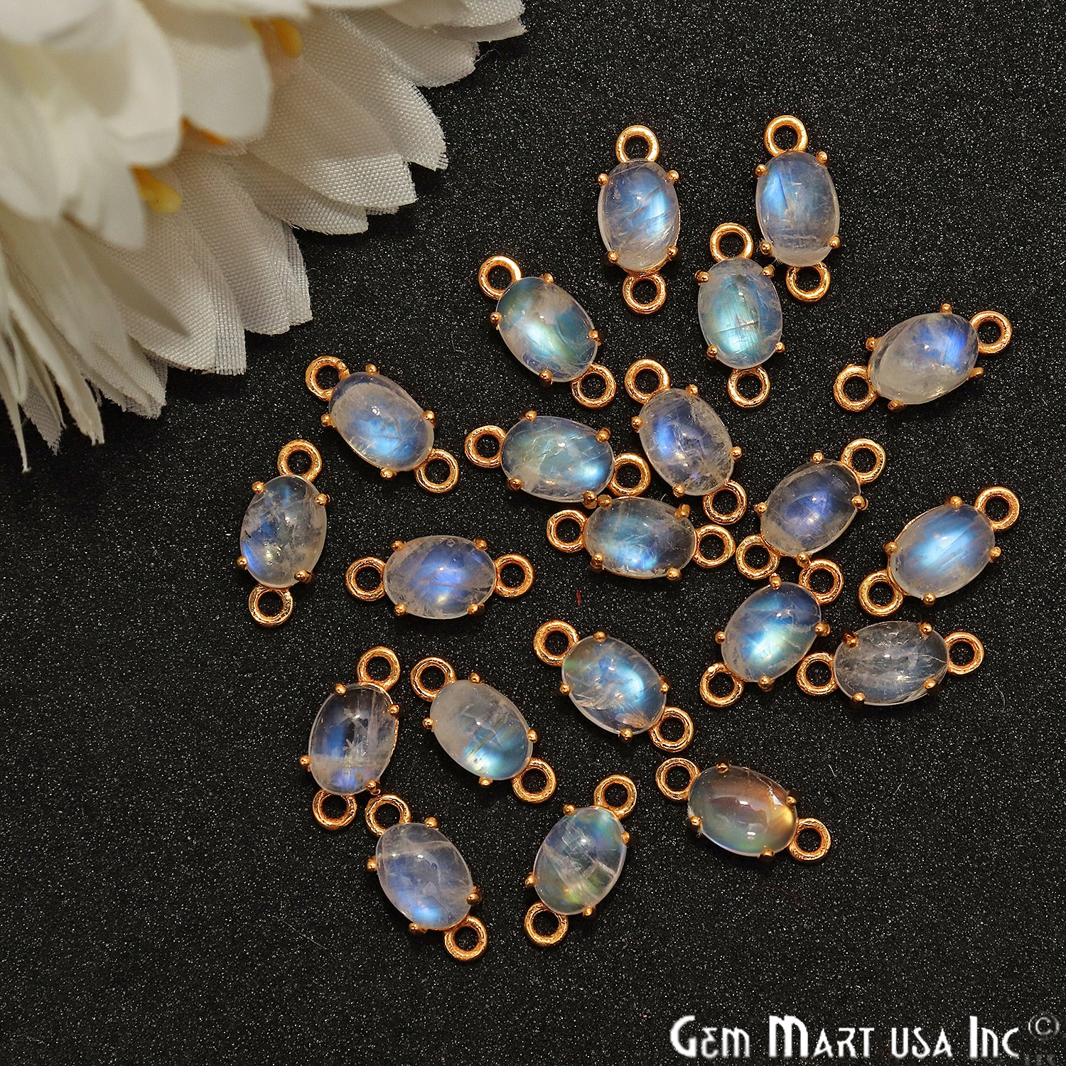 Rainbow Moonstone Cabochon 11x5mm Oval Prong Gold Plated Bail Connector - GemMartUSA