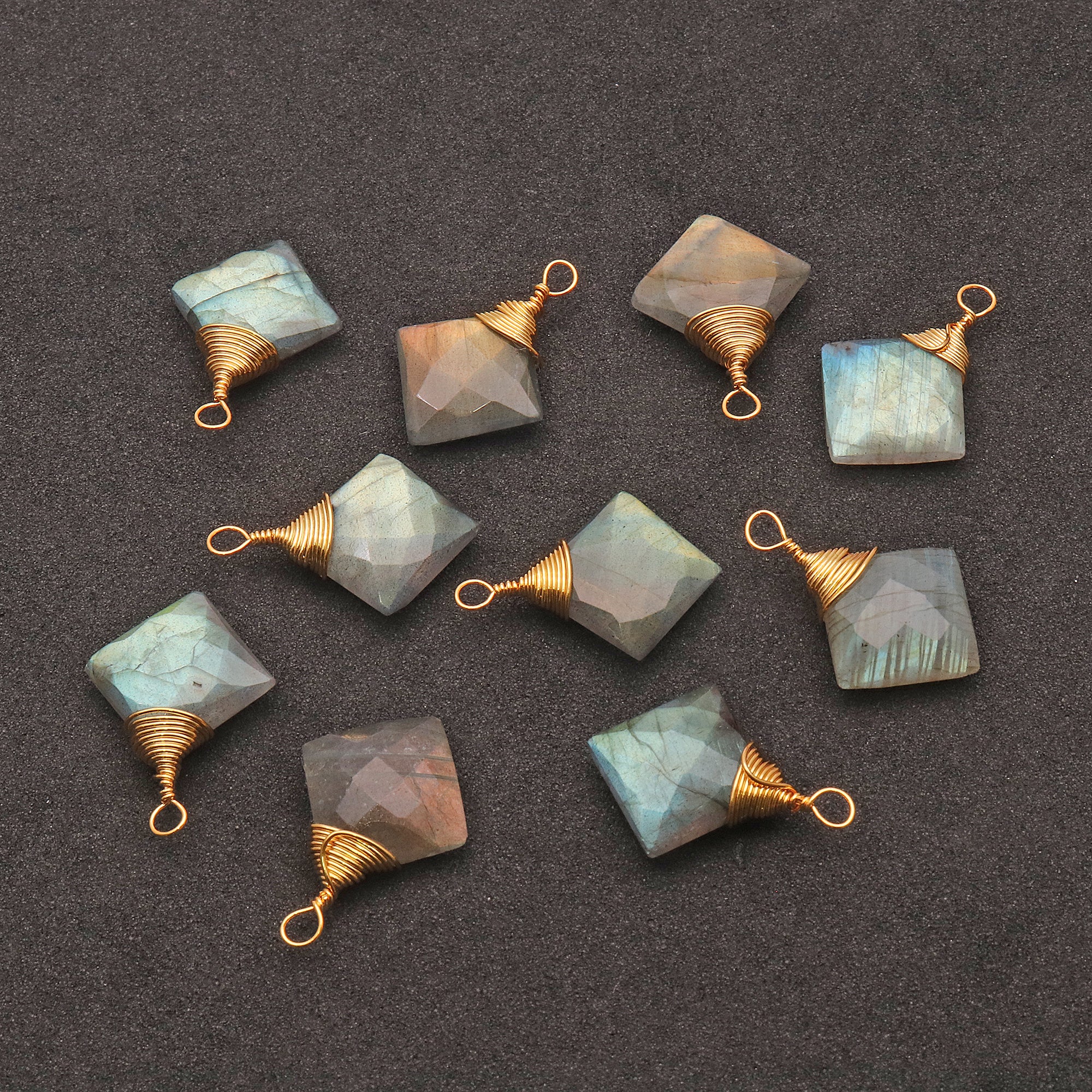 Labradorite Square 12mm Gold Plated Wire Wrapped Gemstone Connector - GemMartUSA
