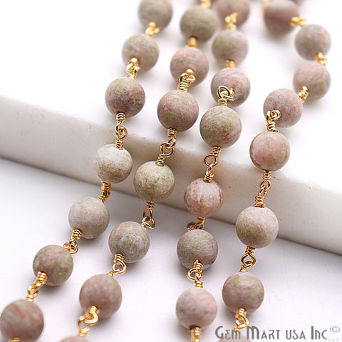 Unakite Frosted Gold Plated Wire Wrap Round Bead Jewelry Making Rosary Chain