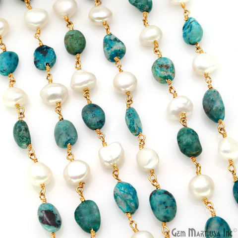 Chrysocolla Tumble Beads 8x5mm & Pearl 7-8mm Beads Gold Plated Rosary Chain