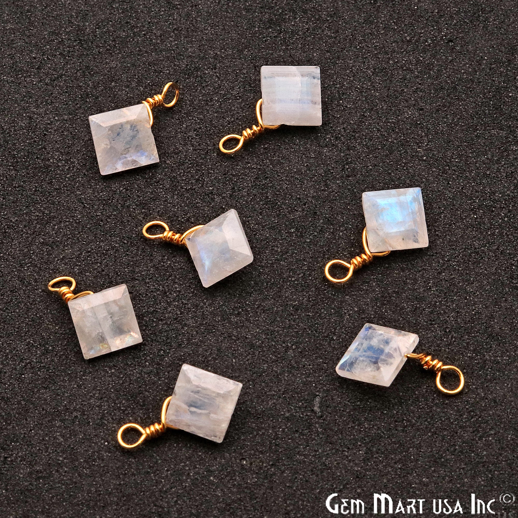 Rainbow Moonstone 6mm Square Single Bail Gold Wire Wrapped Gemstone Connector - GemMartUSA