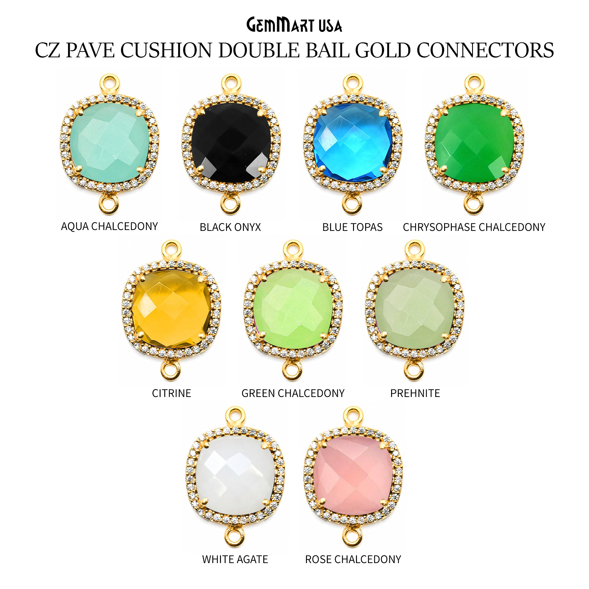 Cubic Zircon Pave 12mm Cushion Gold Bezel Double Bail & Gold Pave Setting Connector