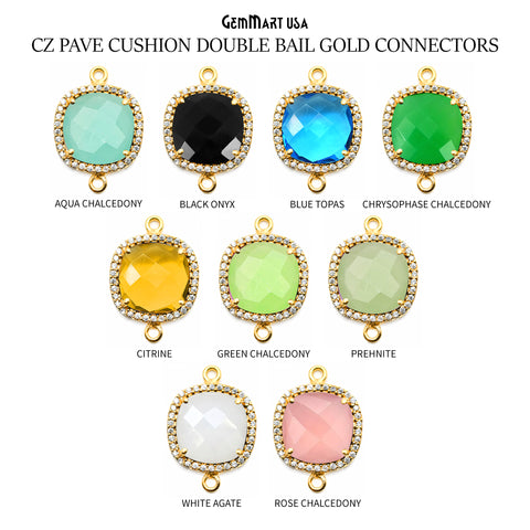 Cubic Zircon Pave 12mm Cushion Gold Bezel Double Bail & Gold Pave Setting Connector