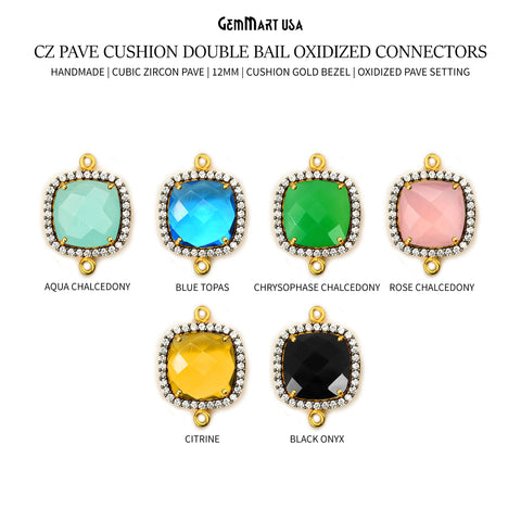 Cubic Zircon Pave 12mm Cushion Gold Bezel Double Bail Oxidized Pave Setting Connector