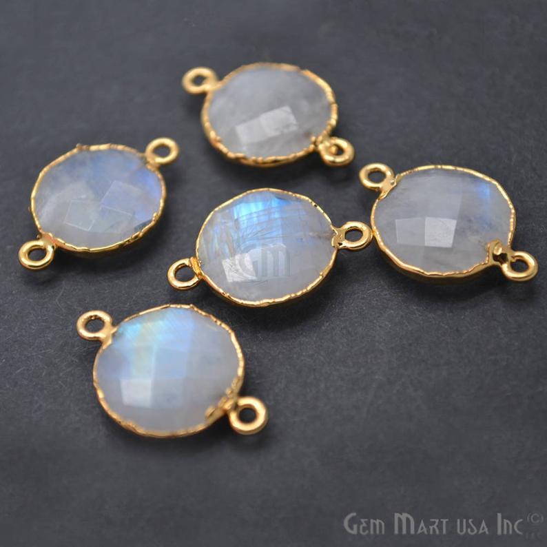 Rainbow Moonstone 14mm Round Gold Electroplated Gemstone Connector (Pick Lot Size)