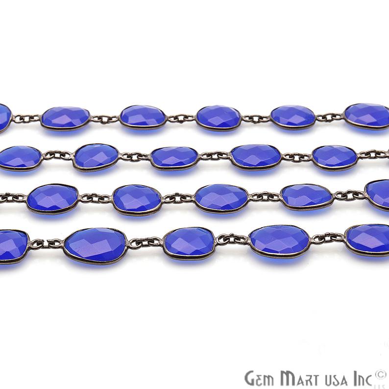 Dark Blue Chalcedony 10-15mm Oxidized Bezel Continuous Connector Chain