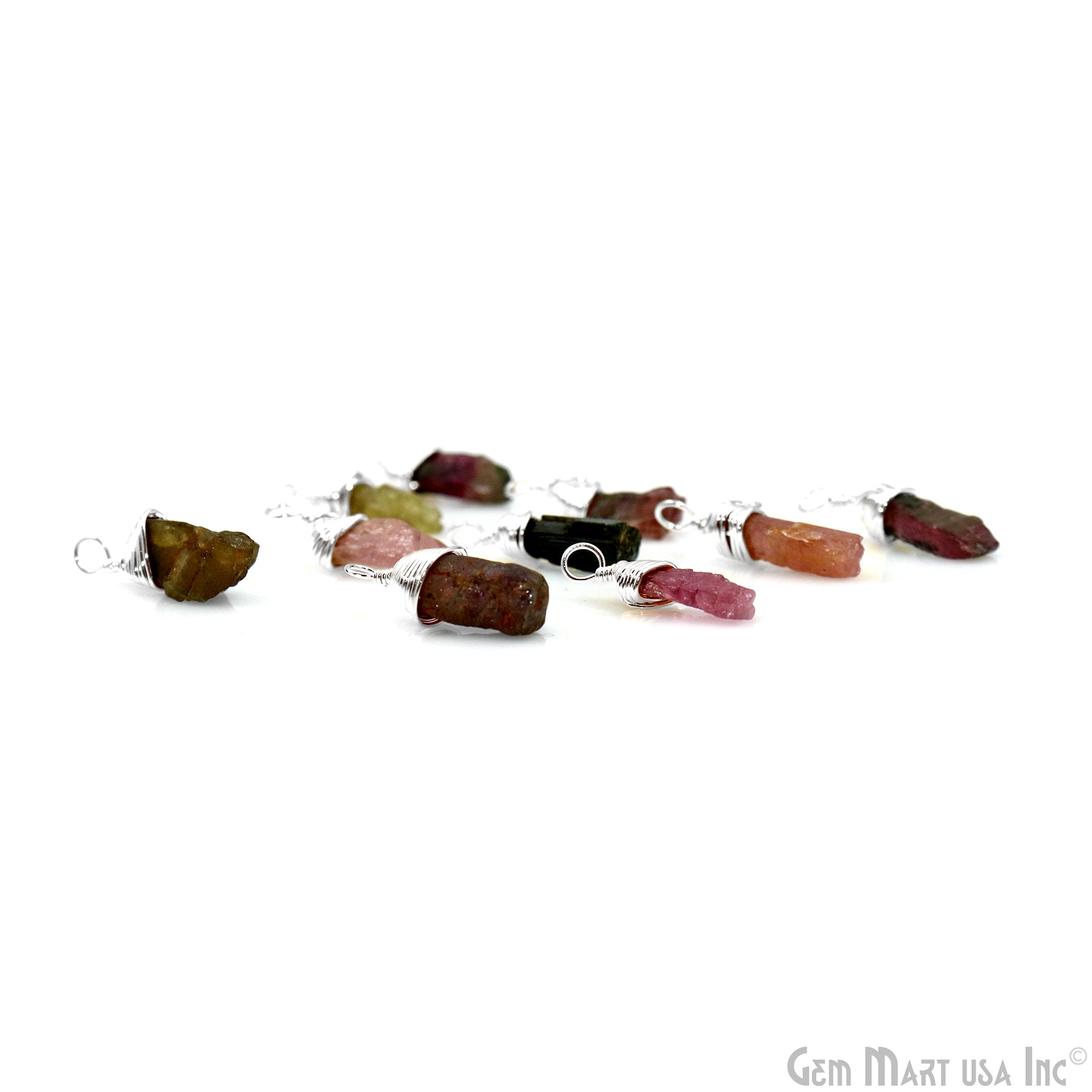 Multi Tourmaline Rough Gemstone 18x6mm Silver Wire Wrapped Single Bail Connector