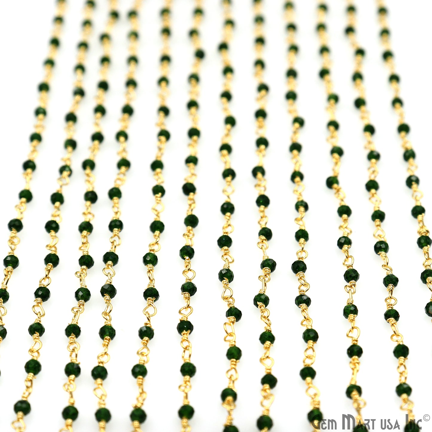 Green Zircon 2-2.5mm Tiny Beads Gold Plated Wire Wrapped Rosary Chain