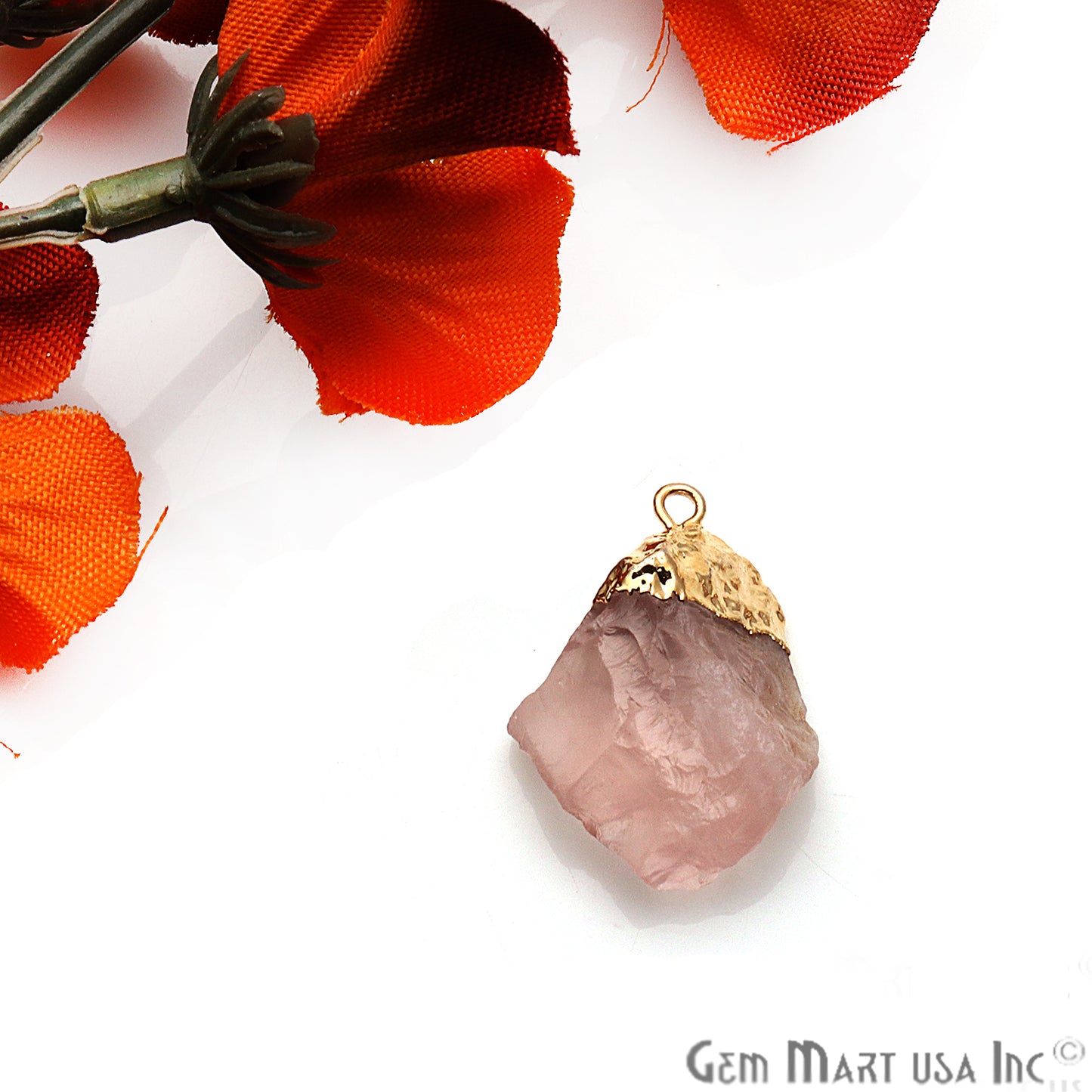 Rough Rose Quartz Gemstone 25x18mm Organic Gold Edged Single Bail Connector Charm - GemMartUSA