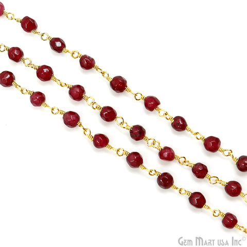 Dark Cherry Jade Beads 4mm Gold Plated Wire Wrapped Rosary Chain