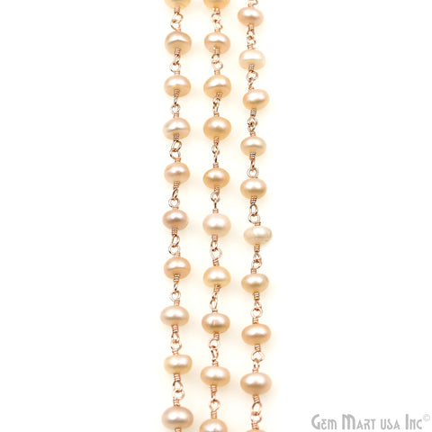 Pink Pearl Cabochon Beads 5-6mm Rose Gold Plated Gemstone Rosary Chain