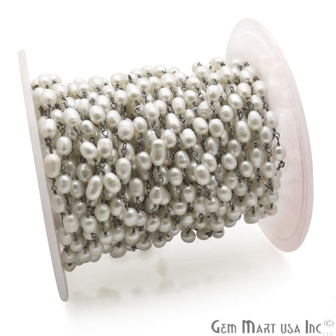 Pearl Oval 7x5mm Oxidized Wire Wrapped Gemstone Rosary Chain - GemMartUSA