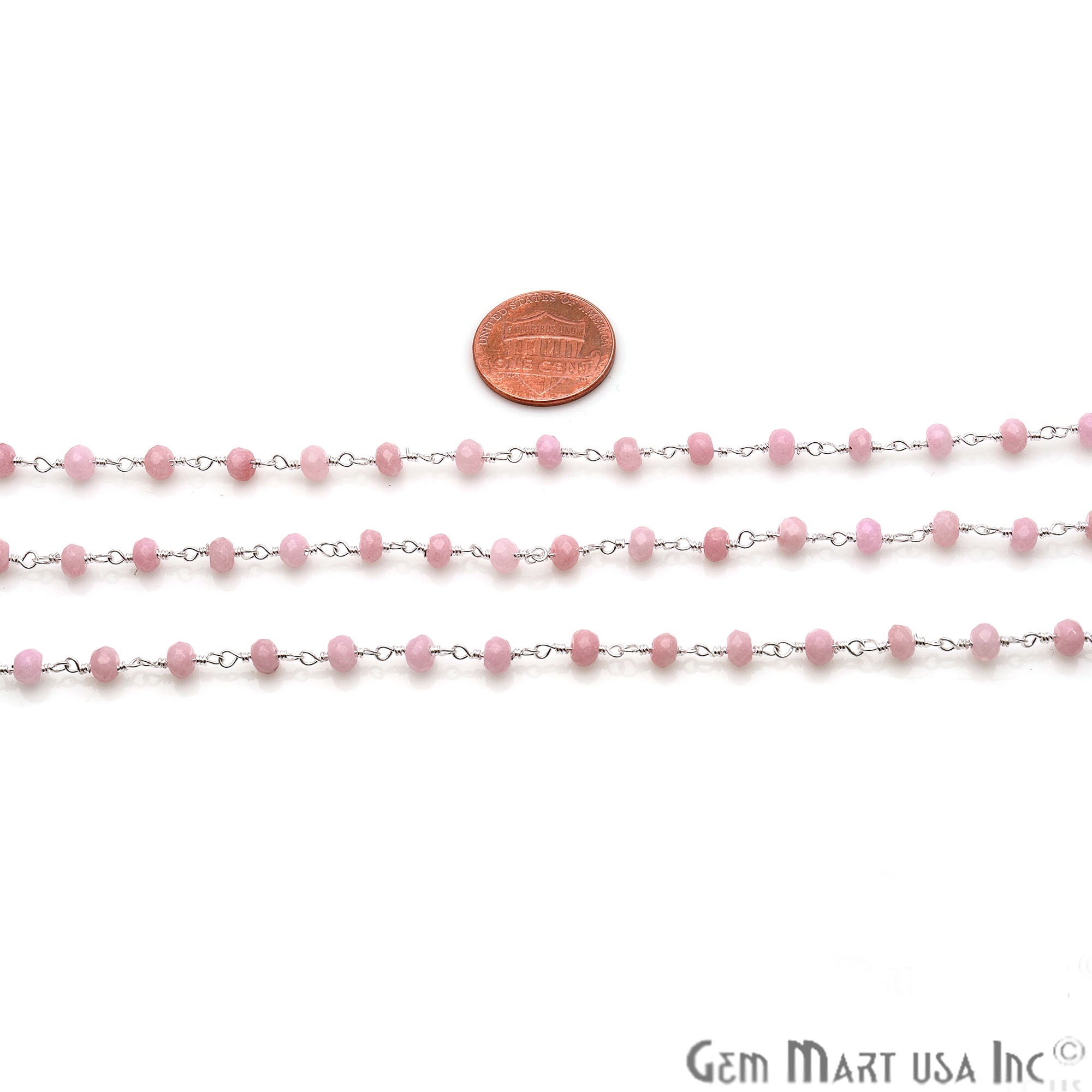 Baby Pink Jade Beads Silver Plated Wire Wrapped Rosary Chain - GemMartUSA
