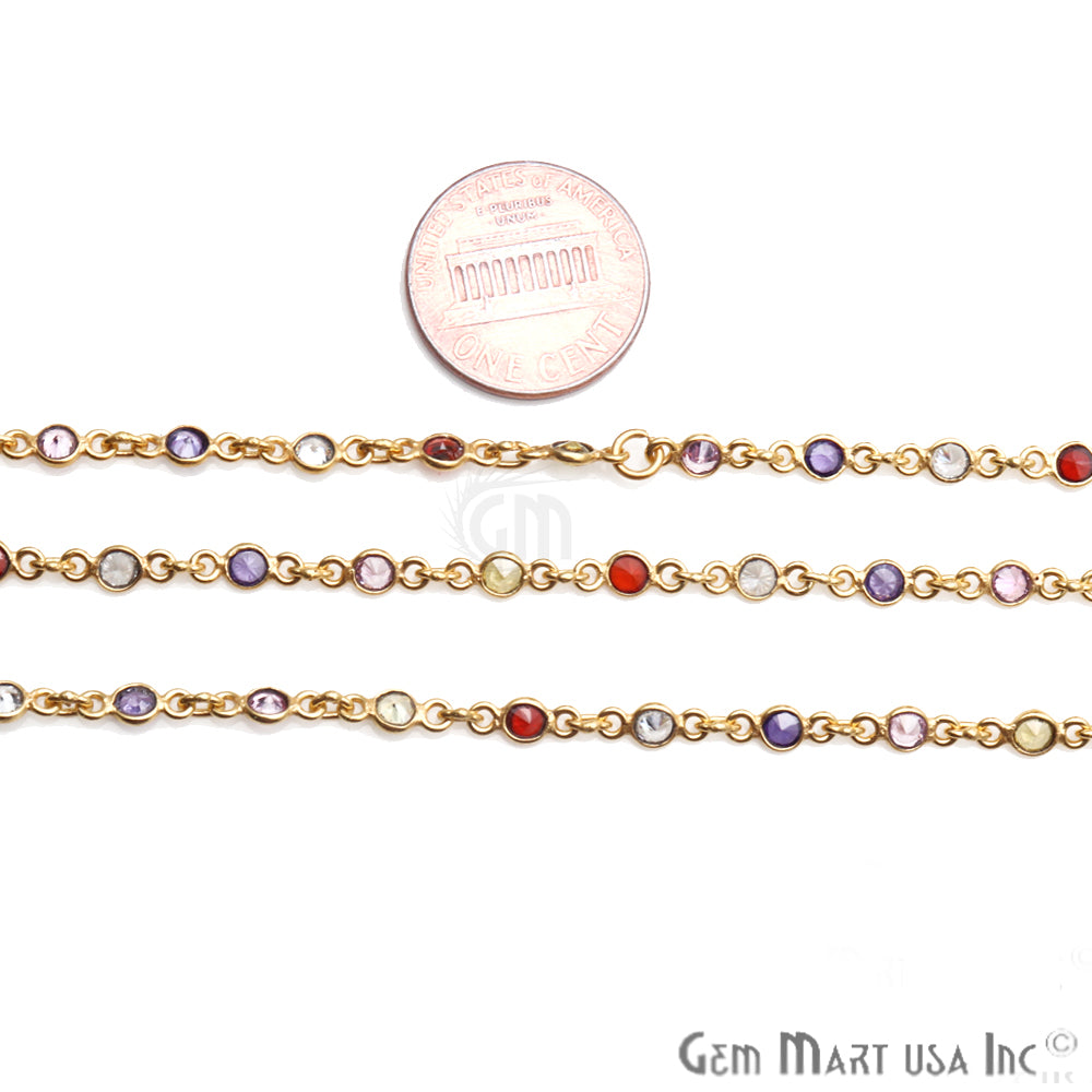 Multi Color Zircon 4mm Round Shape Gold Plated Continuous Connector Chain - GemMartUSA