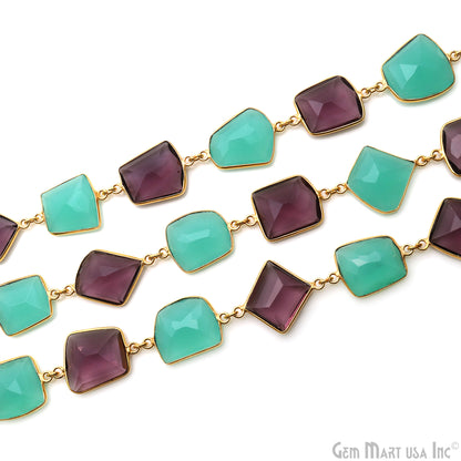 Aqua Chalcedony & Amethyst 10-15mm Faceted Free Form Gold Plated Connector Chain