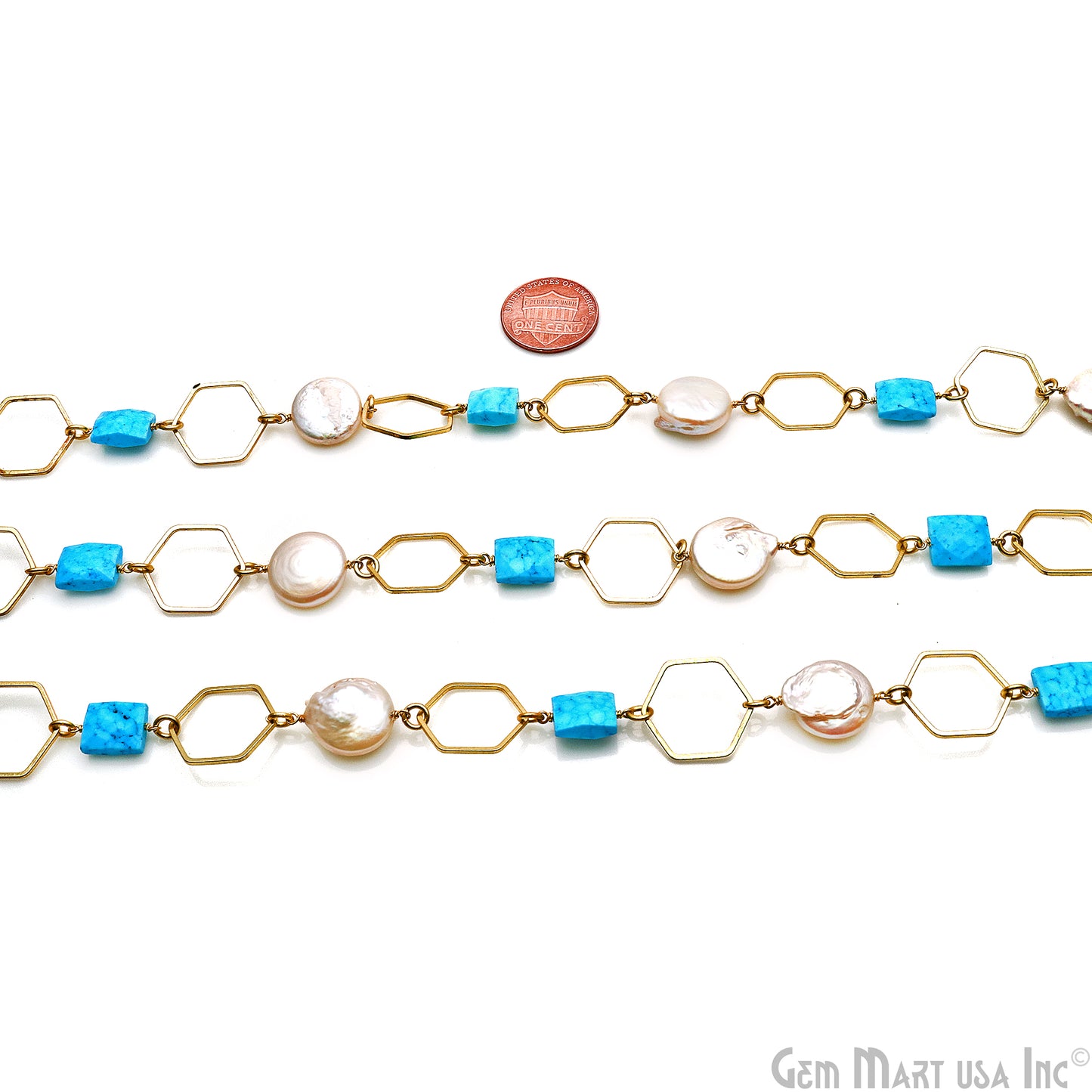 Turquoise & Pearl With Gold Hexagon Finding Rosary Chain