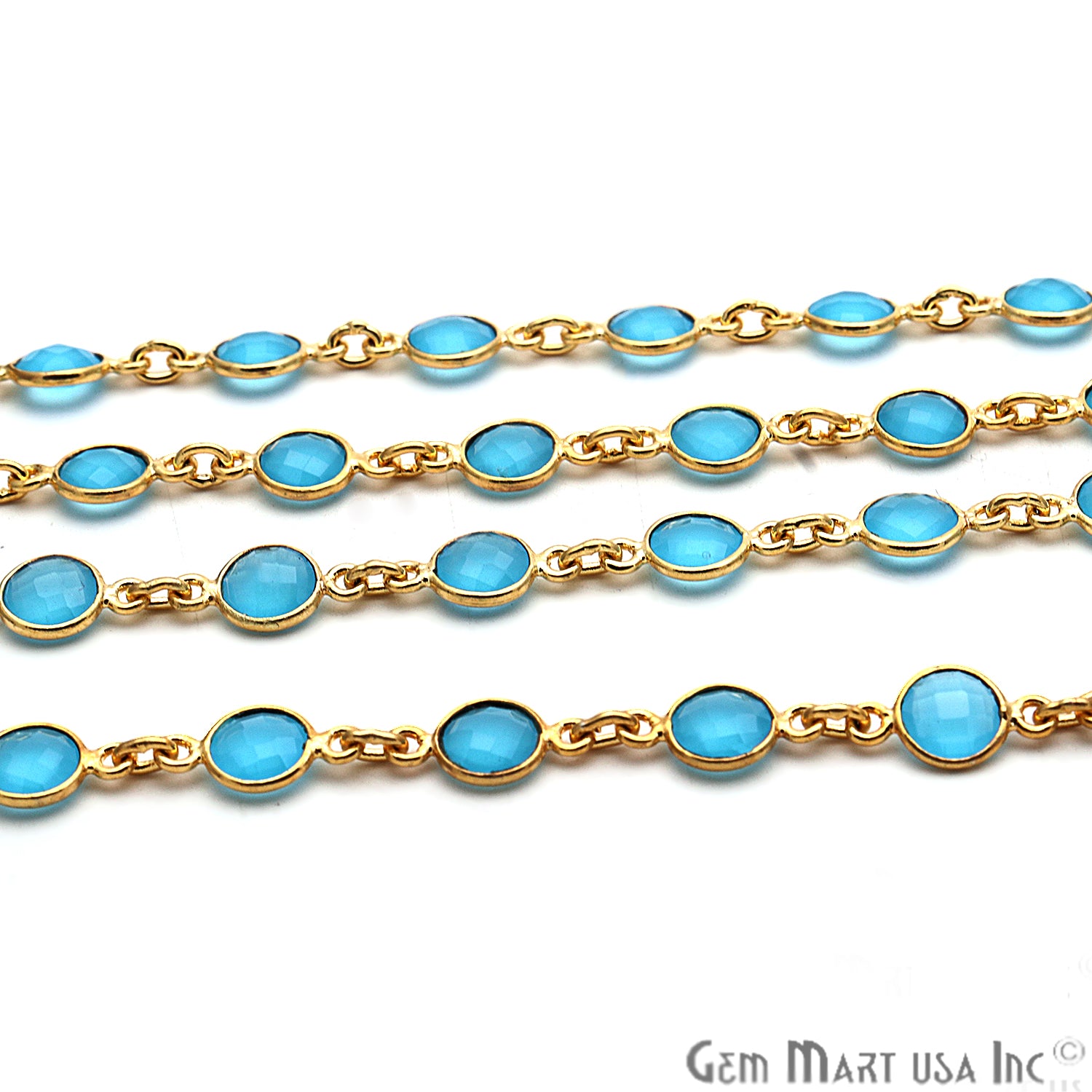 Sky Blue Chalcedony 5mm Bezel Link Gold Plated Continuous Connector Chain - GemMartUSA