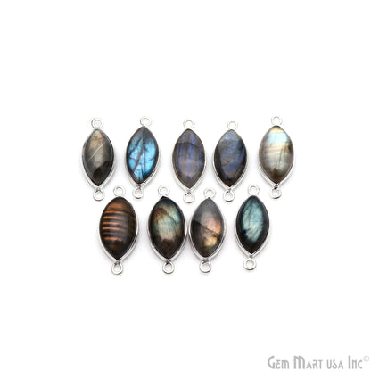 Flashy Labradorite Cabochon 9x16mm Marquise Double Bail Silver Plated Gemstone Connector