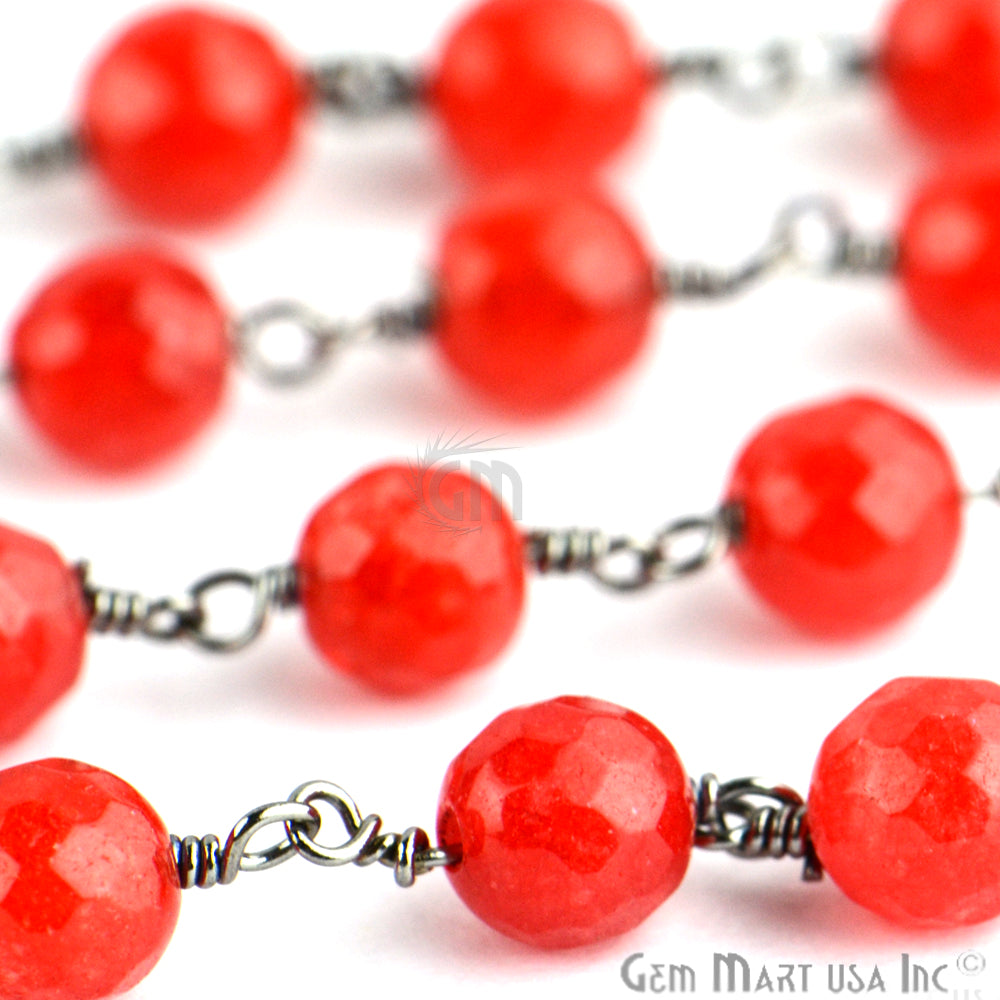 Red Jade Bead Oxidized Wire Wrapped Rosary Chain