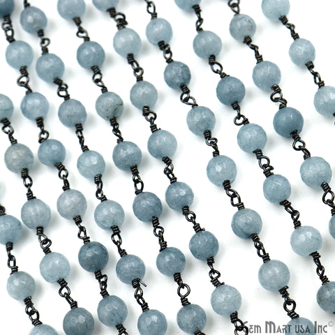 Gray Jade 6mm Faceted Beads Oxidized Wire Wrapped Rosary Chain