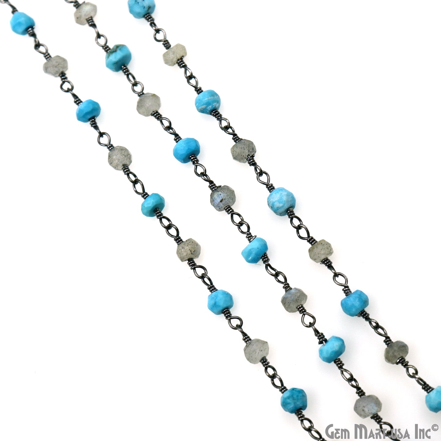 Turquoise & Labradorite 3-3.5mm Oxidized Faceted Beads Wire Wrapped Rosary Chain