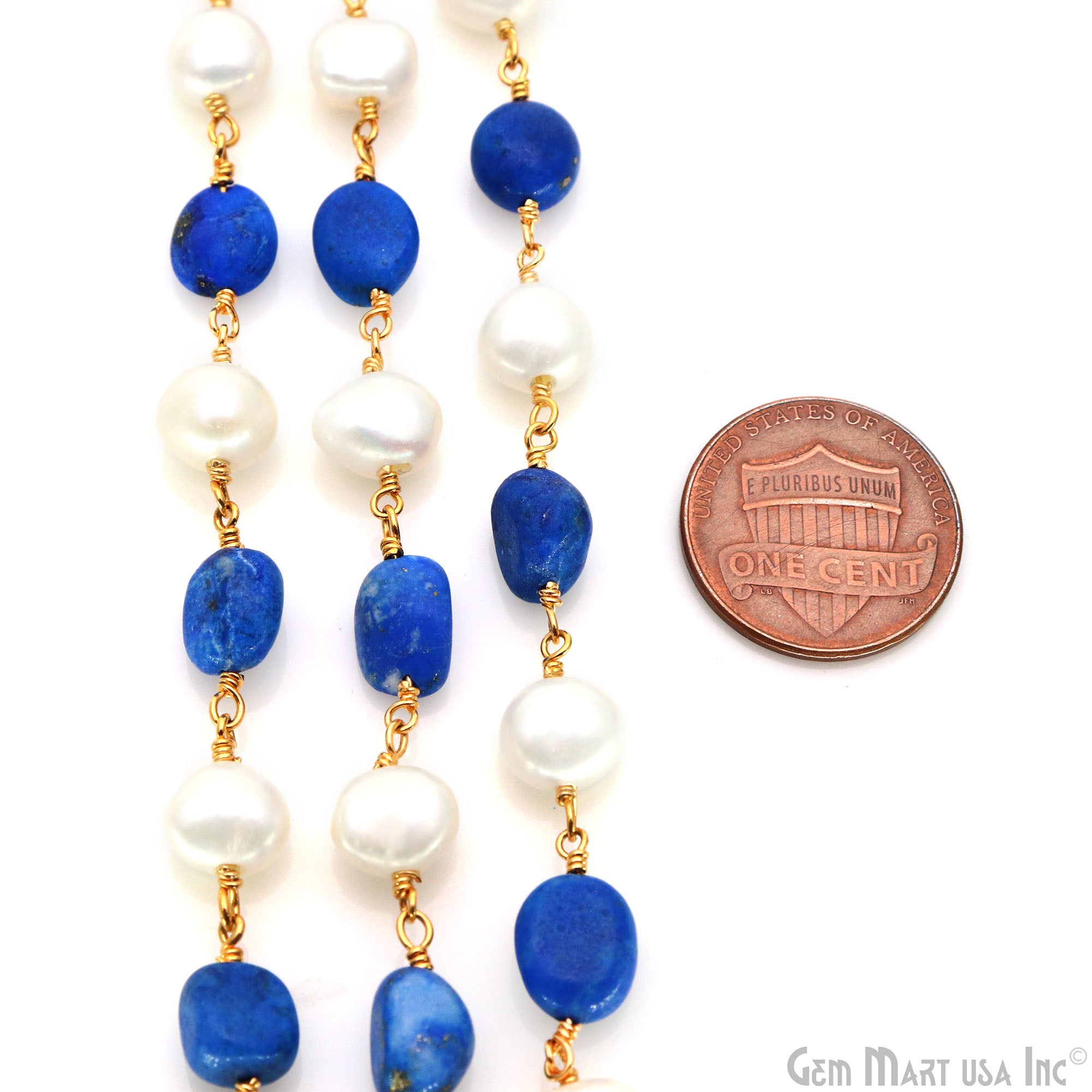 Lapis Tumble Beads 8x5mm & Pearl 7-8mm Beads Gold Plated Rosary Chain