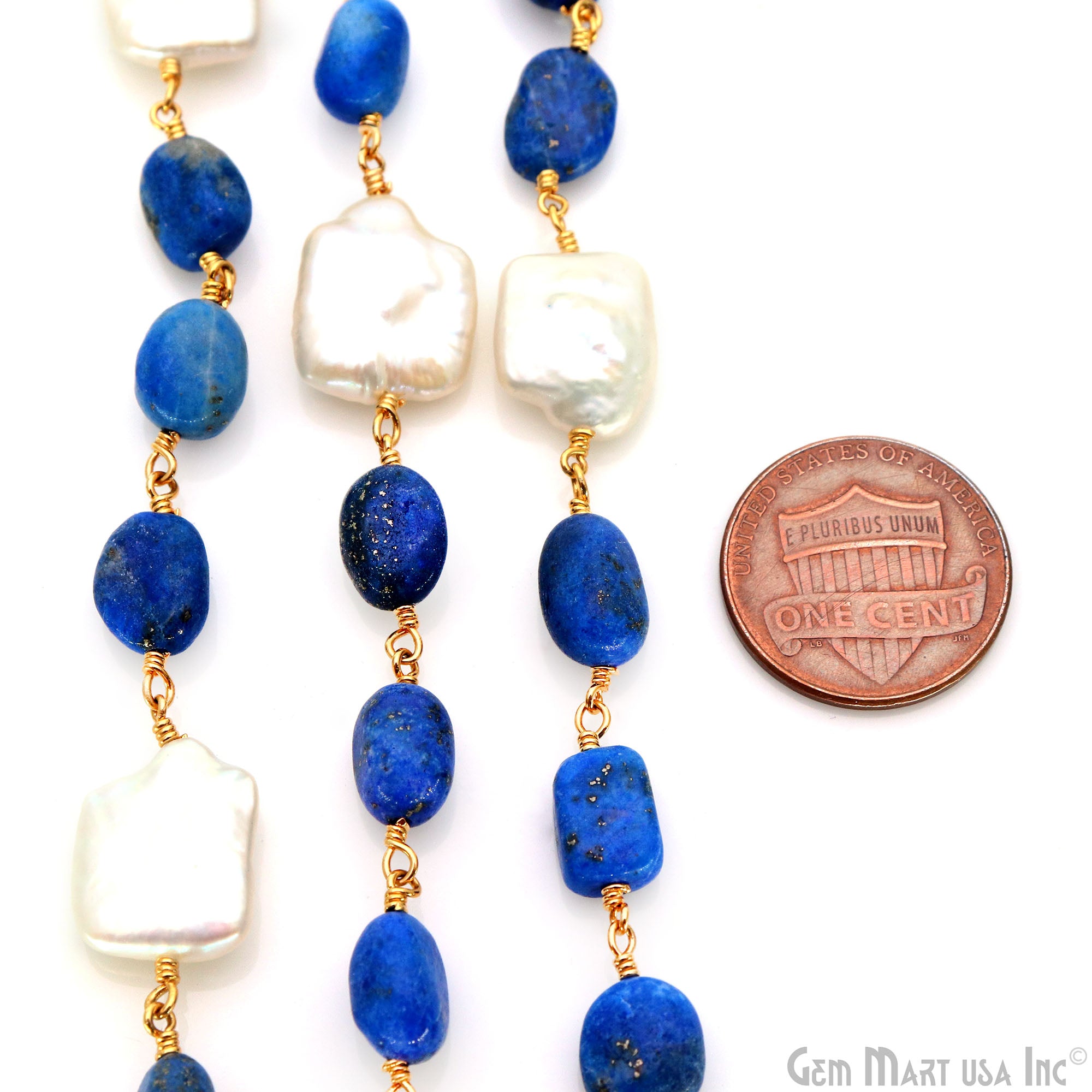 Lapis Tumble Beads 8x5mm & Pearl 12mm Beads Gold Plated Rosary Chain –  GemMartUSA