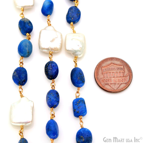 Lapis Tumble Beads 8x5mm & Pearl 12mm Beads Gold Plated Rosary Chain