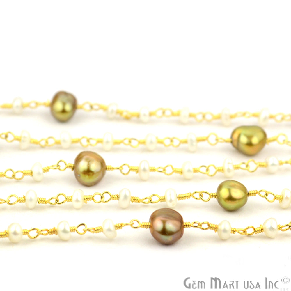 Golden Pearl With Pearl 5mm Gold Plated Wire Wrapped Beads Rosary Chain - GemMartUSA (764031434799)