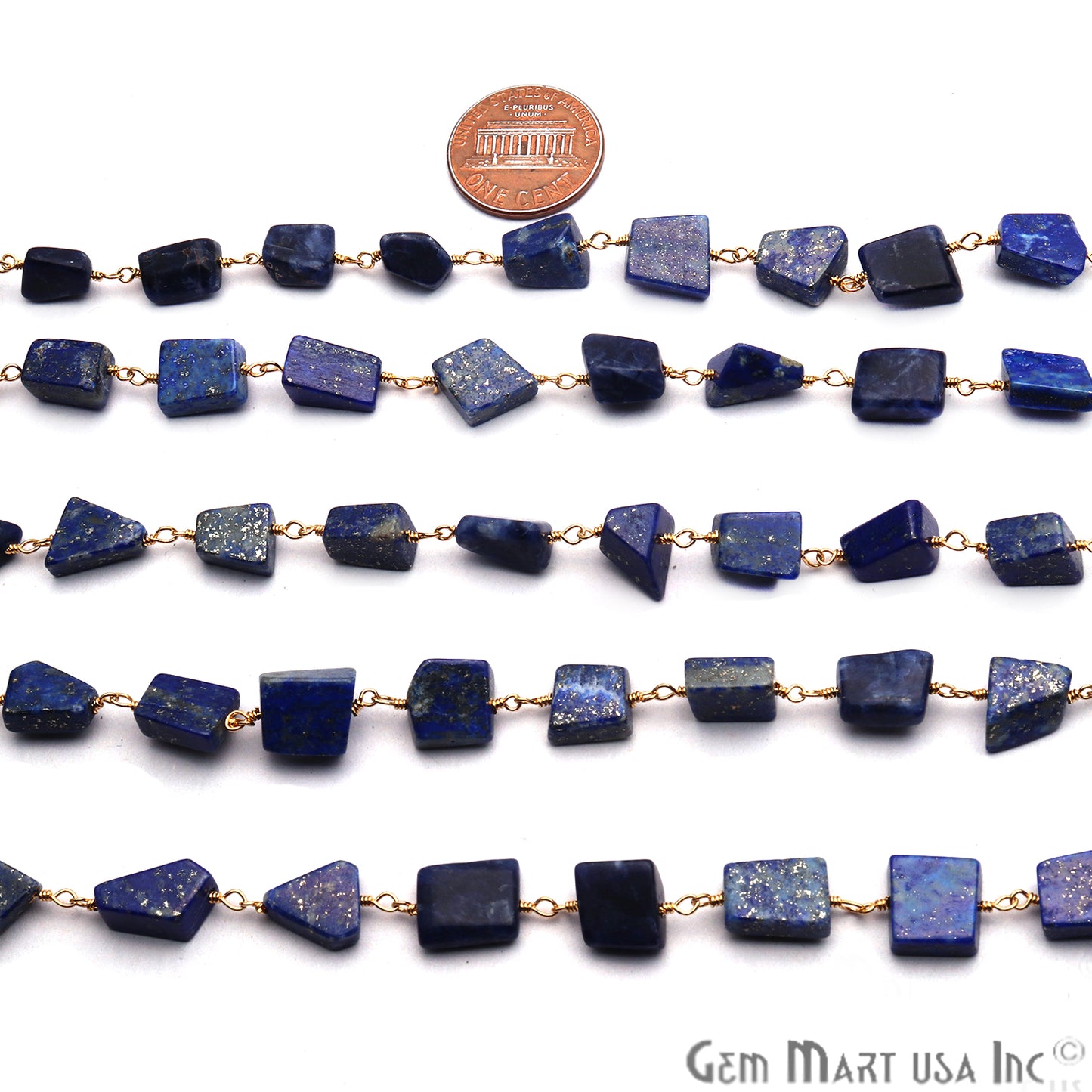 Lapis Smooth 12x8mm Tumble Gold Wire Wrap Rough Bead Faceted Rosary Chain - GemMartUSA