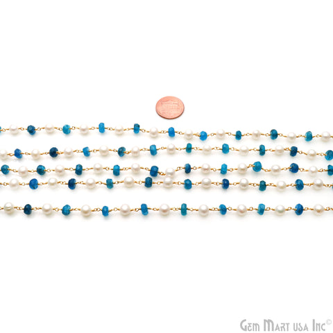 Neon Apatite & Pearl Stone Beads Gold Wire Wrapped Rosary