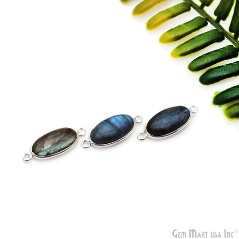 Flashy Labradorite Cabochon 8x16mm Oval Double Bail Silver Plated Gemstone Connector