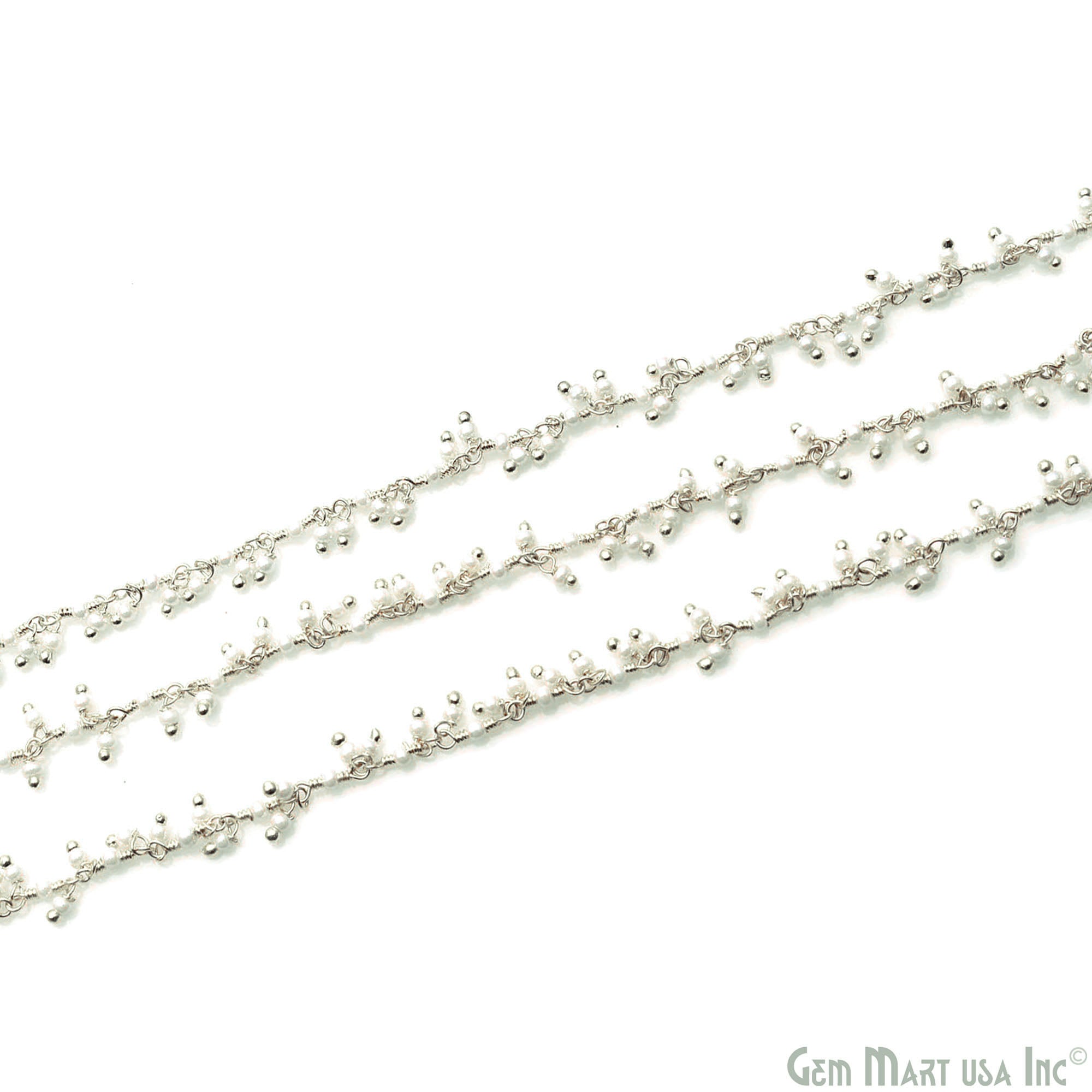 Synthetic Pearl Smooth 2-2.5mm Beads Silver Wire Wrapped Cluster Dangle Rosary Chain