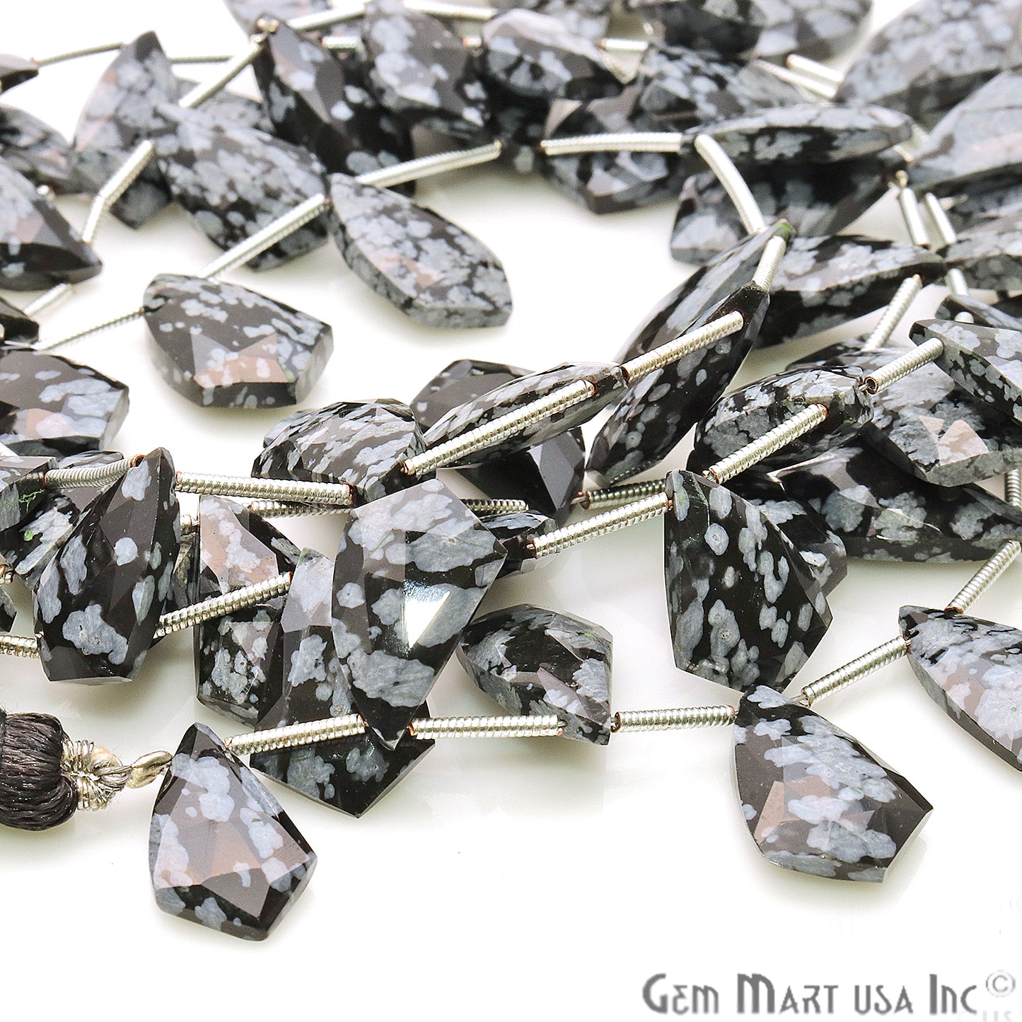 Black Obsidian Gemstone 15x10mm Silver Wire Beaded Handmade Rondelle - GemMartUSA