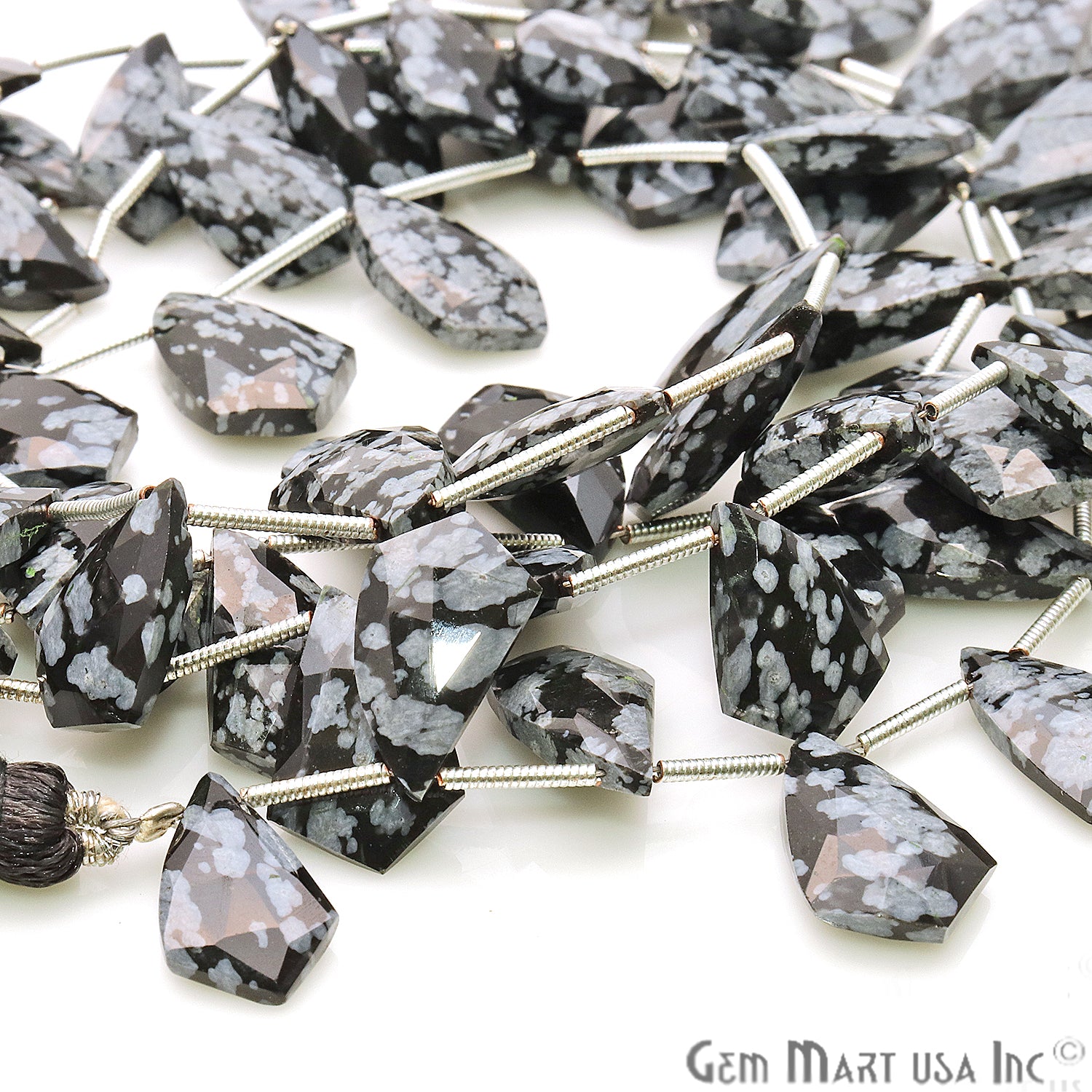 Black Obsidian Gemstone 15x10mm Silver Wire Beaded Handmade Rondelle - GemMartUSA