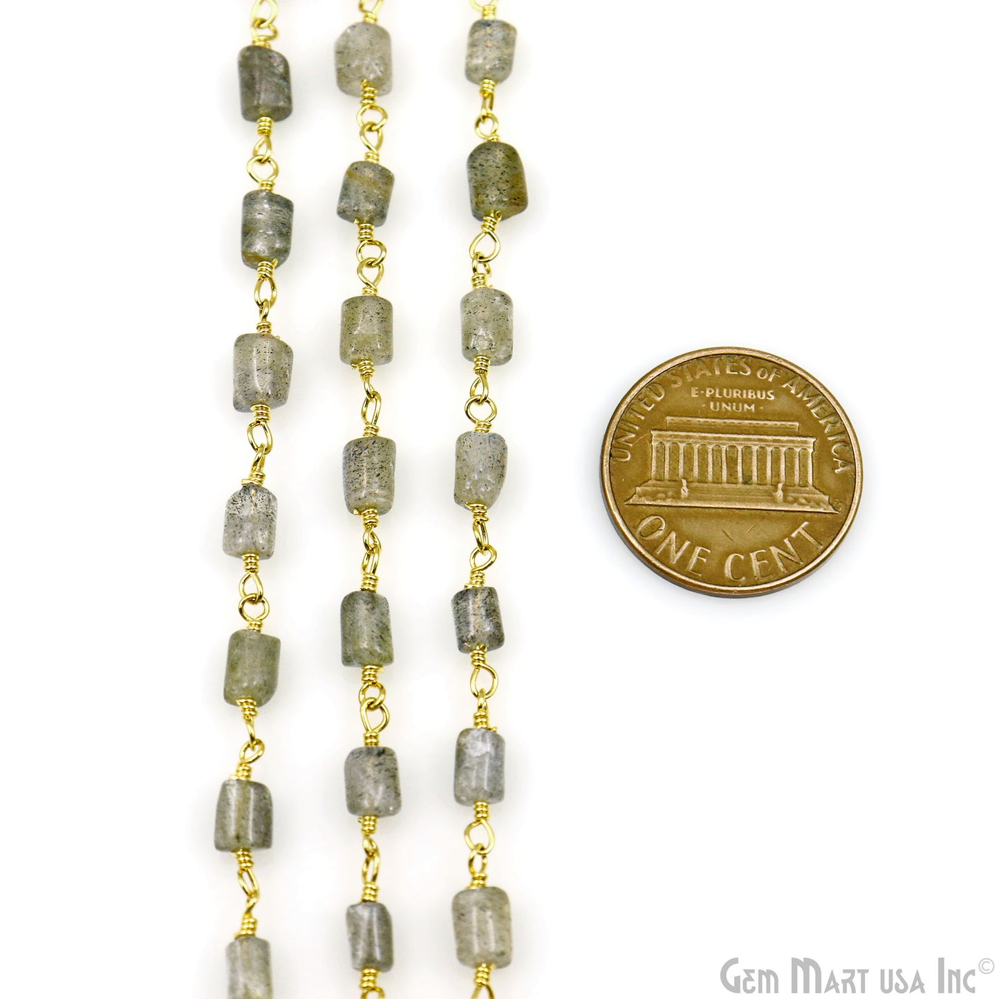 Labradorite Cabochon Tumble Beads 10x5mm Gold Plated Wire Wrapped Rosary Chain