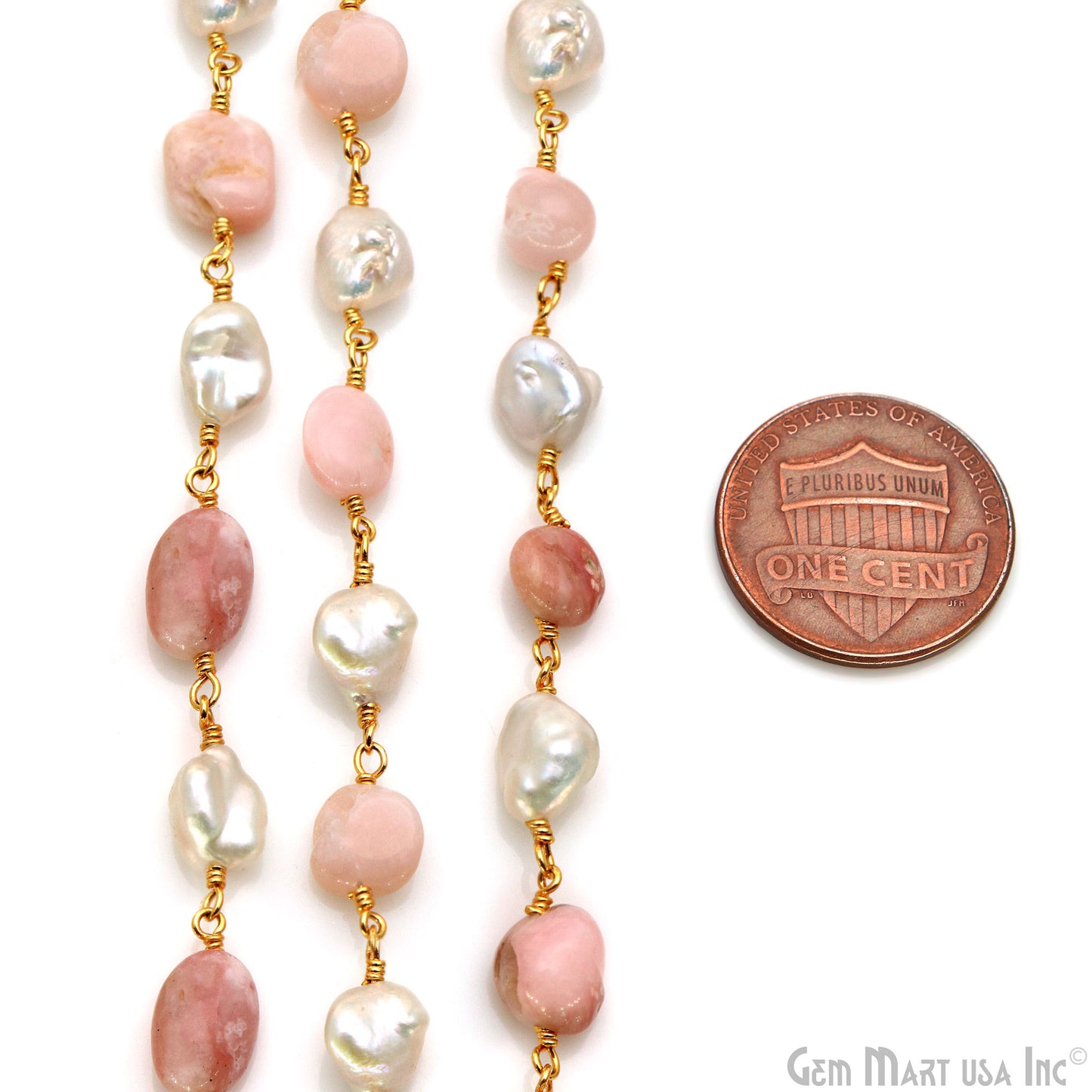 Pink Opal Tumble Beads 8x5mm & Pearl 5-6mm Beads Gold Plated Rosary Chain