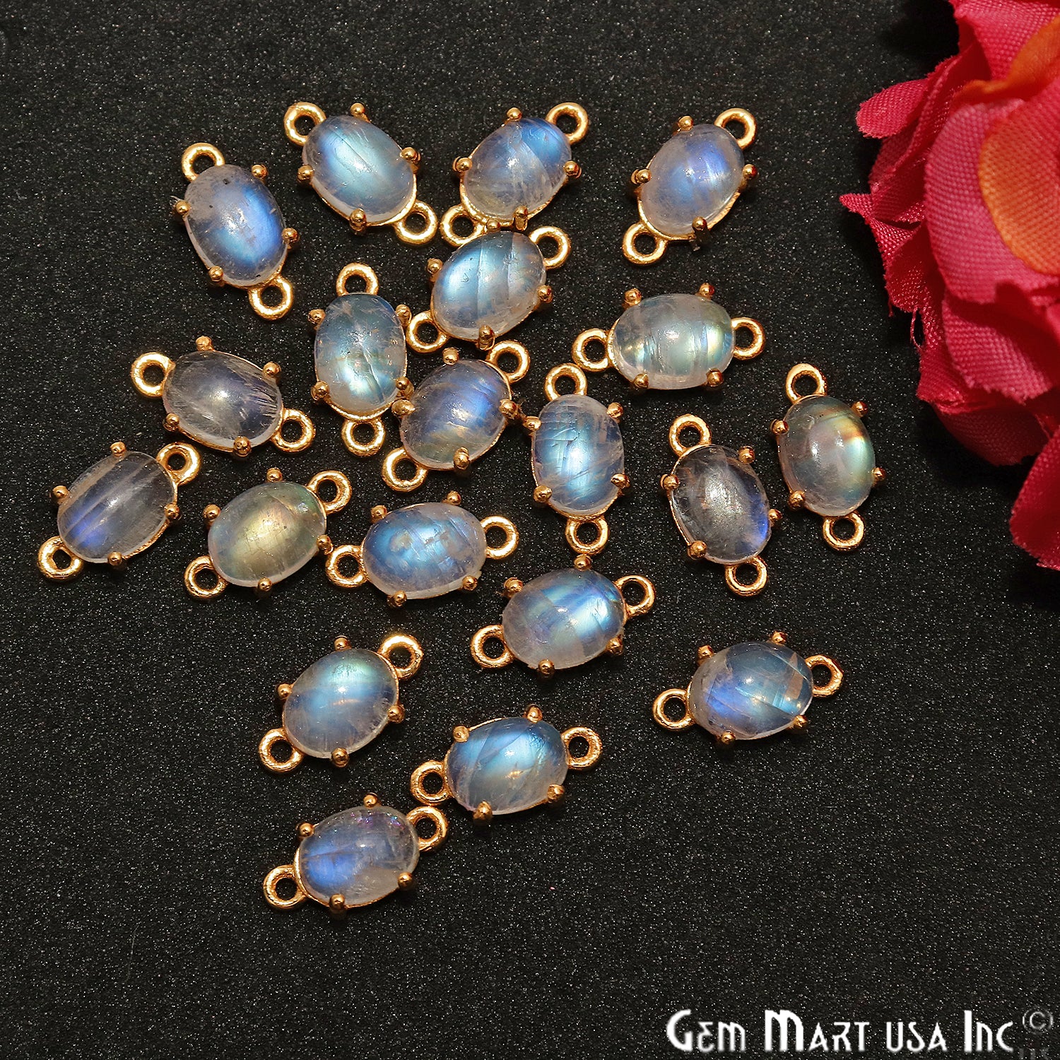 Rainbow Moonstone Cabochon 12x6mm Oval Prong Gold Plated Bail Connector - GemMartUSA