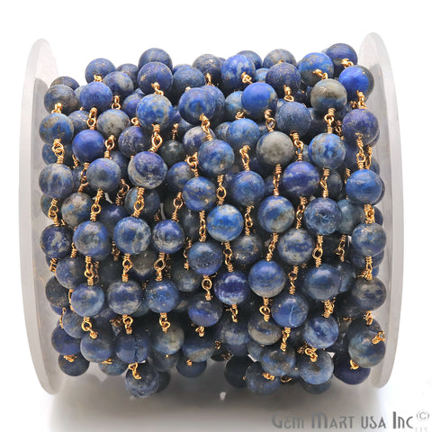 Lapis Smooth Beads 8mm Gold Plated Wire Wrapped Gemstone Rosary Chain - GemMartUSA