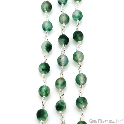Emerald Jade Cabochon 6mm Beads Silver Wire Wrapped Rosary Chain